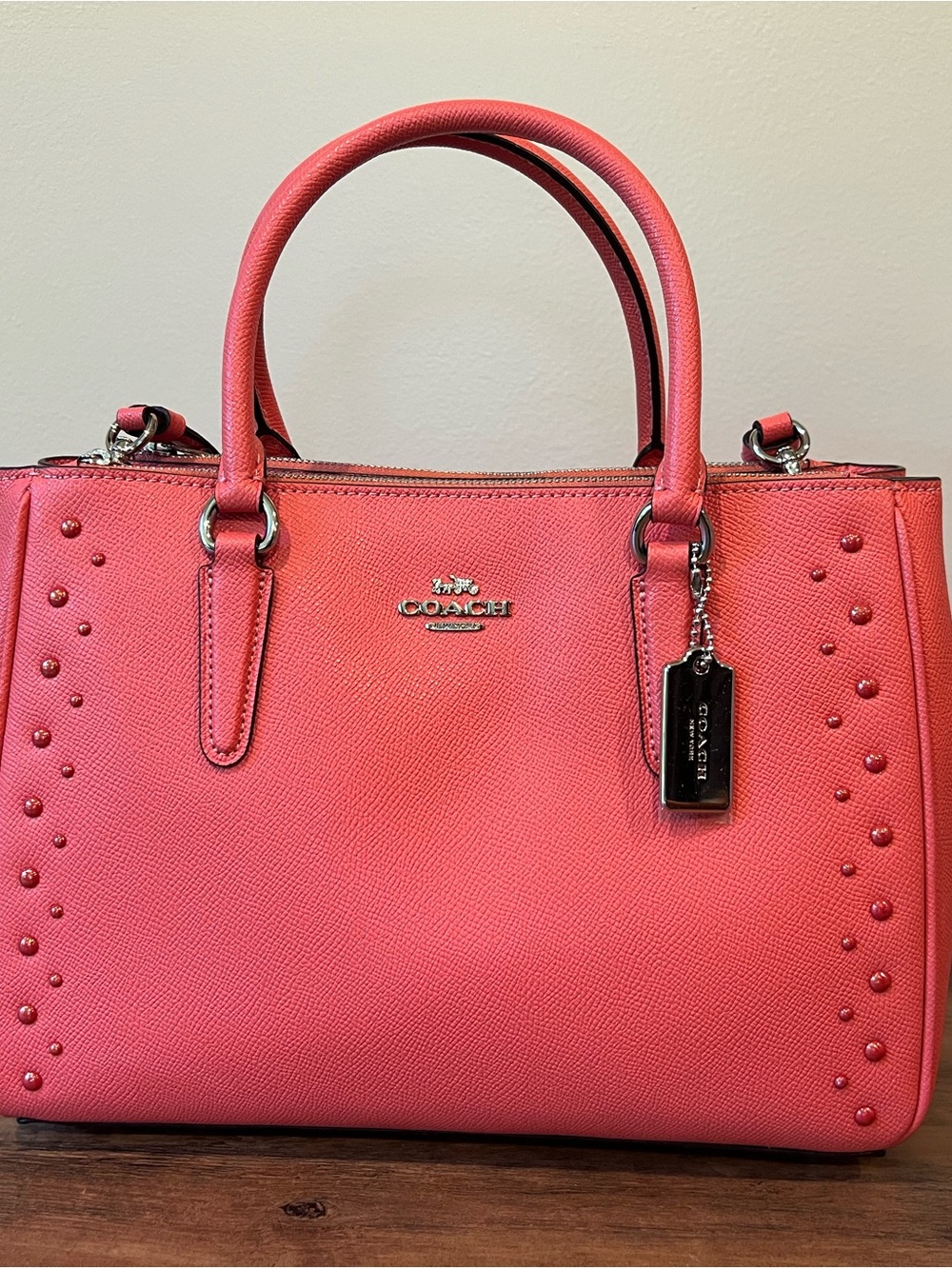 Coach Coral Pink Pebbled Leather Satchel with Stud Accents